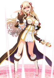 1girl :d arch_mage_(ragnarok_online) blonde_hair blue_eyes boots bow breasts brown_boots brown_capelet brown_dress brown_gloves capelet cleavage commentary_request commission dress eye_brooch full_body fur-trimmed_boots fur-trimmed_capelet fur-trimmed_gloves fur_trim gloves gold_trim hair_bow highres holding holding_staff large_breasts layered_dress long_hair looking_at_viewer magic magic_circle masaki_shino multicolored_boots open_mouth ragnarok_online red_bow shaded_face simple_background skeb_commission smile snapping_fingers solo staff standing standing_on_magic_circle teeth two-tone_boots upper_teeth_only white_background white_boots white_dress