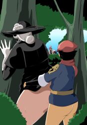 1boy 1girl 2girls age_difference akari_(pokemon) black_dress bottomless breasts cleavage cogita_(pokemon) dress forest gloves highres huge_breasts large_breasts professor_laventon mature_male multiple_girls nature nintendo old old_woman onee-shota outdoors pokemon pokemon_legends:_arceus rei_(pokemon) sex shota smile sweat tonsuke vaginal