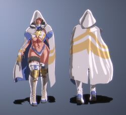 1girl 2022 3d abs alternate_costume arm_at_side bare_shoulders bikini black_gloves blonde_hair blue_background blue_bikini blue_eyes blue_trim boots bracelet cloak closed_mouth commentary contrapposto dark_skin dimples_of_venus elbow_pads eromancer facial_mark female_focus gloves gradient_background groin half_gloves halterneck highres hood hood_up hooded_cloak jewelry knee_pads lace-up_boots legs_apart lips looking_at_viewer multicolored_boots multiple_views muscular muscular_female muscular_legs navel official_art open_hand pure_onyx reference_sheet second-party_source semira_(pure_onyx) serious shiny_skin short_hair simple_background standing star_(symbol) swept_bangs swimsuit thick_thighs thighlet thighs turnaround two- two-tone_boots white_bikini white_cloak wrestling_outfit xxoom