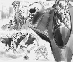 1boy 1girl aircraft airplane angry commentary drill english_commentary english_text f-15 fighter_jet flight_suit g-suit greyscale helmet highres middle_finger military military_vehicle monarch_(project_wingman) monochrome musclehakase pilot pilot_helmet pilot_suit piloting prez_(project_wingman) project_wingman tank_top vehicle_focus