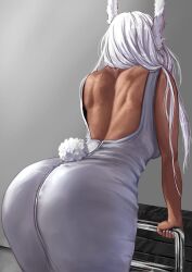 1girl absurdres against_railing animal_ears ass back bare_arms bare_shoulders boku_no_hero_academia breasts clothing_cutout commentary dark-skinned_female dark_skin dress english_commentary facing_away from_behind grey_dress hair_over_shoulder hand_on_railing highres large_breasts leaning_forward long_hair median_furrow mirko nail_polish rabbit_ears rabbit_girl rabbit_tail railing shoulder_blades solo tail tail_through_clothes toned toned_female vedart2 very_long_hair white_hair white_nails