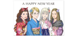 4girls age_difference aqua_eyes beads betty_meyer blonde_hair blue_eyes bracelet brown_hair choker cing curly_hair earrings english_text feathers fingernails floral_print flower fur_trim glasses grin hair_between_eyes hair_bun hair_flower hair_ornament hakama hakama_skirt hand_on_another&#039;s_shoulder heart hotel_dusk japanese_clothes jewelry kanasaki_taisuke kimono last_window lineup long_fingernails long_hair long_sleeves looking_at_viewer marie_rivet mature_female mila_evans mole mole_under_eye multiple_girls nail_polish necklace new_year obi official_art rachel_(hotel_dusk) sash short_hair simple_background single_hair_bun skirt sleeves_past_wrists smile swept_bangs upper_body white_background white_hair wide_sleeves