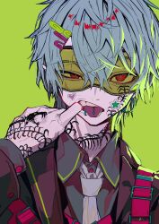 1boy absurdres arm_tattoo belt earrings face_piercing facial_tattoo green_background grey_hair grey_shirt hair_between_eyes hair_ornament hairclip highres jacket jewelry male_focus mouth_piercing neck_tattoo open_mouth original piercing rectangular_eyewear red_eyes red_jacket red_pupils safety_glasses shirt short_hair simple_background slit_pupils solo sticker_on_face tattoo teeth tongue tongue_out tongue_piercing tosiyu3617 upper_body upper_teeth_only