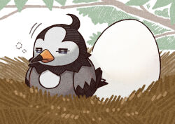 animal_focus bird branch closed_mouth commentary_request creatures_(company) egg game_freak gen_4_pokemon in_nest nest nintendo no_humans oumi_mizu pokemon pokemon_(creature) sleepy solo squeans starly white_background