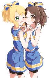 2girls bare_arms bare_shoulders bike_shorts_under_skirt blonde_hair blue_shirt blue_skirt blush bow breasts brown_eyes brown_hair cheek-to-cheek cheerleader closed_mouth commentary_request cowboy_shot green_eyes hair_bow heads_together highres holding_hands idolmaster idolmaster_cinderella_girls interlocked_fingers matching_hairstyle midriff_peek multiple_girls one_eye_closed open_mouth pleated_skirt ponytail sakurai_momoka shirt simple_background skirt sleeveless sleeveless_shirt small_breasts smile standing tachibana_arisu white_background yairo_ju yellow_bow