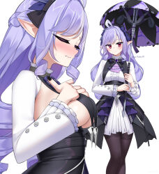 1girl ahoge artist_name black_pantyhose blush breast_curtains breasts closed_eyes closed_mouth commentary dress english_commentary from_side highres holding holding_umbrella large_breasts long_hair looking_at_viewer mole mole_under_eye multiple_views nyayuu96 pantyhose pointy_ears purple_hair red_eyes sideboob simple_background solo umbrella vivian_banshee white_background white_dress zenless_zone_zero