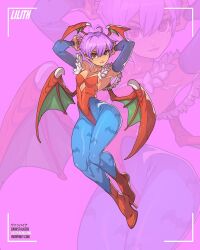 Rule 34 | 1girl, ahoge, animal print, bat print, blue pantyhose, boots, breasts, character name, copyright name, cutout above navel, darkstalkers, demon girl, demon wings, edwin huang, full body, head wings, high heel boots, high heels, leotard, lilith (darkstalkers), multiple wings, pantyhose, print pantyhose, purple background, purple hair, red boots, red eyes, red leotard, ringed eyes, short hair, simple background, small breasts, solo focus, wings, zoom layer