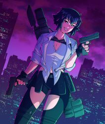 1girl absurdres artist_name black_hair black_shorts bluishfeel breasts cityscape cleavage devil_may_cry_(series) devil_may_cry_5 goggles goggles_around_neck green_eyes gun handgun heterochromia highres holding holding_gun holding_weapon jacket kalina_ann_(weapon) lady_(devil_may_cry) midriff_peek night night_sky parted_lips red_eyes rocket_launcher scar scar_on_face scar_on_nose shirt shorts sky smile weapon white_jacket white_shirt