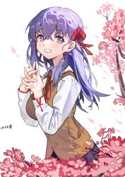 Rule 34 | 1girl, absurdres, breasts, brown vest, cherry blossoms, chinese commentary, collared shirt, fate/stay night, fate (series), grin, hair between eyes, hair ribbon, highres, homurabara academy school uniform, huolongcao, long hair, long sleeves, looking at viewer, matou sakura, medium breasts, neck ribbon, own hands together, pleated skirt, purple eyes, purple hair, purple skirt, red ribbon, ribbon, school uniform, shirt, signature, skirt, smile, solo, teeth, vest, white background, white shirt