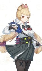 Rule 34 | 1girl, alice thymefield, animal ears, black bow, black bowtie, black pantyhose, black skirt, blonde hair, bow, bowtie, collared shirt, cowboy shot, fingerless gloves, gloves, hair ornament, heterochromia, highres, holding, holding sword, holding weapon, long hair, orange eyes, pantyhose, pom pom (clothes), pom pom hair ornament, rapier, shirt, skirt, smile, solo, suwa (swk kkk), sword, twintails, very long hair, weapon, white background, white shirt, zenless zone zero
