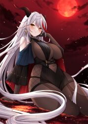 Rule 34 | 1girl, absurdly long hair, aegir (azur lane), azur lane, backward-facing horns, bare shoulders, black garter straps, bodystocking, breast curtains, breasts, brown gloves, cross, cross earrings, demon horns, dress, earrings, elbow gloves, garter straps, gloves, hair between eyes, highres, horns, iron cross, jewelry, large breasts, lava, long hair, looking at viewer, microdress, moon, multicolored hair, official alternate costume, red moon, red streaks, sitting, smile, solo, sorakase sawa, streaked hair, very long hair, white hair, yellow eyes