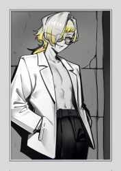 Rule 34 | 1girl, alternate costume, atris2nd, black pants, blonde hair, border, breasts, fang, grey background, grey border, hair over one eye, hands in pockets, highres, jacket, kromer (project moon), limbus company, looking at viewer, multicolored hair, pants, partially colored, project moon, round eyewear, short hair, simple background, skin fang, small breasts, solo, standing, sunglasses, topless female, upper body, white hair, white jacket