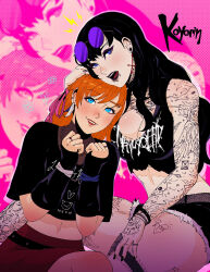 2girls arm_tattoo artist_name black_hair black_lips black_nails blue_eyes bracelet breasts chest_tattoo cleavage commentary crop_top cutoffs earrings english_commentary eyewear_on_head final_fantasy final_fantasy_xiv fingerless_gloves frilled_thigh_strap gaia_(ff14) gloves highres jewelry koyorin large_breasts leg_tattoo long_hair looking_at_viewer midriff multiple_girls open_mouth orange_hair punk purple-tinted_eyewear ring ryne_waters short_shorts shorts skirt tattoo thigh_strap tinted_eyewear