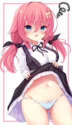 1girl black_bow black_dress black_ribbon blue_bow blue_eyes blue_panties blush bow bow_panties breasts cat_hair_ornament clothes_lift collared_shirt commentary_request cowboy_shot dress dress_lift embarrassed eyes_visible_through_hair frilled_dress frilled_panties frills furrowed_brow gluteal_fold groin hair_between_eyes hair_bow hair_intakes hair_ornament hamidashi_creative highres ikeq large_breasts lifting_own_clothes long_hair long_sleeves looking_at_viewer low_twintails navel neck_ribbon open_mouth panties pink_hair ribbon shirt sidelocks simple_background sleeveless sleeveless_dress solo squiggle stomach tokiwa_kano twintails underwear white_background white_shirt yellow_bow
