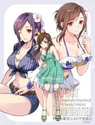 1girl aged_down aqua_dress arms_behind_back bare_legs bare_shoulders belt belt_buckle bikini bikini_skirt black_hair blue_shorts border breasts brown_hair buckle cleavage closed_mouth collarbone commentary_request cowboy_shot denim denim_shorts dress drink final_fantasy final_fantasy_vii final_fantasy_vii_rebirth final_fantasy_vii_remake flower frilled_bikini frills full_body grey_border hair_flower hair_ornament hair_up halterneck highres holding holding_drink large_breasts leaning_forward long_hair looking_at_viewer medium_breasts midriff multiple_views navel official_alternate_costume official_alternate_hairstyle one_eye_closed outside_border parted_lips pink_flower purple_shirt quichi_91 red_eyes ribbed_shirt sandals shirt short_shorts shorts sidelocks sitting smile stomach sundress swept_bangs swimsuit thighs tied_shirt tifa_lockhart tifa_lockhart_(majestic_glamour) tifa_lockhart_(shining_spirit) toes