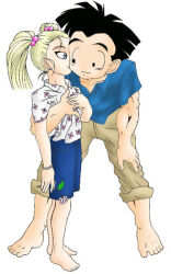 1boy 1girl black_eyes black_hair blonde_hair blue_eyes dragon_ball father_and_daughter happy hug kiss kuririn marron_(dragon_ball) muscular muscular_male smile white_background