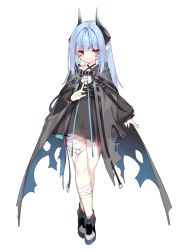 1girl bandaged_leg bandages black_cloak black_dress blue_hair blue_nails blush cloak closed_mouth crossed_legs curled_horns dress facial_mark full_body hood hood_down hooded_cloak horns long_hair long_sleeves looking_at_viewer nail_polish original pointy_ears puffy_long_sleeves puffy_sleeves red_eyes saru simple_background sleeves_past_wrists solo standing torn_cloak torn_clothes watson_cross white_background