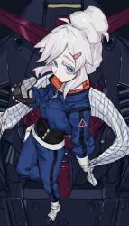 1girl absurdres blue_eyes blue_jacket blue_pants closed_mouth commentary_request deux_murasame gundam gundam_gquuuuuux hair_behind_ear hair_bun highres holding holding_mask jacket mask mecha mobile_suit pants psycho_gundam_(gquuuuuux) ranf robot short_hair unworn_mask updo v-fin white_hair