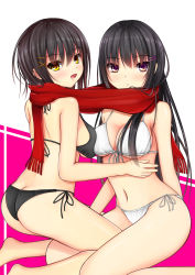 2girls ass bikini black_hair brown_eyes butt_crack front-tie_top highres kurokami_(kurokaminohito) long_hair looking_back multiple_girls navel open_mouth original scarf shared_clothes shared_scarf shiny_skin short_hair side-tie_bikini_bottom swimsuit yellow_eyes