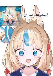 ! 1girl ahoge animal_ear_fluff animal_ears blonde_hair blue_eyes blue_hair cat_ears collar commentary derivative_work dress english_text fangs highres indie_virtual_youtuber lifebuoy_hair_ornament long_hair low_twintails multicolored_hair one_side_up open_mouth portrait sameko_saba screenshot_redraw shi0_chan simple_background smile solo streaked_hair teeth translated twintails upper_teeth_only virtual_youtuber white_background white_dress wide-eyed