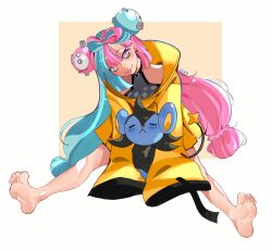 1girl aqua_hair bare_legs bare_shoulders barefoot blunt_ends border bow-shaped_hair brown_background character_hair_ornament closed_mouth commentary cyadraws english_commentary fang feet full_body game_freak gen_1_pokemon gen_4_pokemon hair_ornament highres iono_(pokemon) jacket long_hair looking_at_viewer luxio magnemite multicolored_hair nintendo on_ground oversized_jacket pink_eyes pink_hair pokemon pokemon_(creature) pokemon_sv sitting sleeves_past_fingers sleeves_past_wrists soles toes tongue tongue_out twintails two-tone_hair very_long_hair white_border wide_sleeves yellow_jacket
