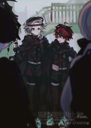 1girl 3boys ahoge aotsuki_eito black_hair black_pants black_shirt blood blood_on_clothes blood_on_face blood_on_ground blood_on_hands bloody_weapon blue_eyes frown glasses gloves grey_hair hair_between_eyes highres kawana_tsubasa last_defense_academy_school_uniform long_hair maruko_gaku messy_hair multicolored_hair multiple_boys open_mouth pants parted_hair purple_eyes red_hair shirt standing streaked_hair sumino_takumi the_hundred_line_-last_defense_academy- weapon white_gloves white_hair