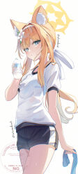 1girl animal_ear_fluff animal_ears black_shorts blonde_hair blue_archive blue_eyes bottle breasts closed_mouth commentary_request english_text flower grey_background hair_flower hair_ornament hairband halo highres holding holding_bottle long_hair low_ponytail mari_(blue_archive) mari_(track)_(blue_archive) natuna_natu ponytail puffy_short_sleeves puffy_sleeves shirt short_sleeves shorts sidelocks simple_background small_breasts solo twitter_username very_long_hair water_bottle watermark web_address white_flower white_hairband white_shirt