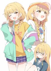 1girl :d absurdres blonde_hair blush braid closed_mouth fang fujita_kotone gakuen_idolmaster glasses green_jacket hagoonha highres idolmaster jacket long_hair long_sleeves miniskirt multiple_views one_eye_closed open_mouth plaid_clothes plaid_skirt pleated_skirt puffy_long_sleeves puffy_sleeves purple_eyes shirt skin_fang skirt smile twin_braids white_background yellow_eyes yellow_shirt
