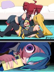 3girls absurdres ahoge arm_tattoo black_boots black_shirt black_skirt blonde_hair blue_eyes blue_jacket blue_necktie bongfill boots caught cellphone detached_sleeves drill_hair eyepatch food fruit grey_shirt grey_skirt hatsune_miku highres holding holding_food holding_fruit holding_phone jacket kagamine_rin kasane_teto medical_eyepatch miniskirt monitoring_(vocaloid) multiple_girls necktie number_tattoo open_mouth pear pearto phone red_hair red_necktie shaded_face shirt side_ponytail skirt sleeveless sleeveless_shirt smartphone staring tattoo thigh_boots twin_drills under_bed utau vocaloid white_shirt yellow_necktie yuri