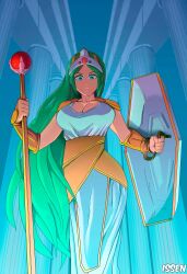 1girl absurdres armor artist_name assentlov blue_dress breasts cleavage collarbone dress green_eyes green_hair highres holding holding_shield holding_staff indoors kid_icarus kid_icarus_(nes) long_hair looking_at_viewer looking_down multiple_girls nintendo palutena pauldrons pillar shield shoulder_armor solo staff standing tiara vambraces very_long_hair