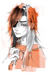 1boy chinese_clothes closed_mouth dated eyelashes eyepatch hand_up hanfu holding holding_jewelry holding_necklace hua_cheng jewelry long_hair looking_at_viewer male_focus monochrome necklace one_eye_covered red_hanfu simple_background solo spot_color tianguan_cifu twitter_username upper_body white_background ykmr_(haga)