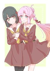 2girls absurdres ahoge anyoji_hime black_hair black_ribbon blunt_bangs blunt_ends blunt_sidelocks blush bob_cut border breasts brown_dress closed_mouth collarbone commentary dress feet_out_of_frame flower flower_knot green_background hair_flower hair_ornament hair_ribbon hand_on_another&#039;s_waist hasu_no_sora_school_uniform highres holding_another&#039;s_wrist link!_like!_love_live! long_hair long_sleeves looking_at_viewer love_live! medium_breasts medium_dress momiji_(moj_0404) momose_ginko multi-tied_hair multiple_girls neckerchief no_jacket outside_border pink_flower pink_hair pleated_dress ponytail ribbon sailor_collar sailor_dress school_uniform short_hair sidelocks simple_background smile split_mouth standing very_long_hair virtual_youtuber white_border white_sailor_collar winter_uniform yellow_neckerchief