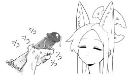 1boy 1girl anger_vein animal_ear_fluff animal_ears asahina_yoshitoshi blue_archive closed_eyes closed_mouth erection extra_ears fox_ears greyscale halo highres long_hair male_masturbation masturbation monochrome penis precum seia_(blue_archive) simple_background solo_focus uncensored white_background