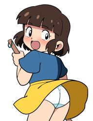 1girl ass black_eyes blue_shirt blush broom brown_hair from_behind holding holding_broom loli looking_at_viewer looking_back open_mouth original panties shirt short_hair skirt standing surprised underwear white_background white_panties wind wind_lift yellow_skirt yume_yoroi