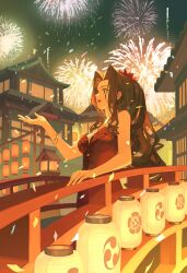 1girl absurdres aerith_gainsborough aerith_gainsborough_(red_dress) architecture bare_shoulders bracelet breasts bridge brown_hair cleavage confetti dododo_(fightingdodo) dress east_asian_architecture final_fantasy final_fantasy_vii final_fantasy_vii_remake fireworks flamenco_dress flower green_eyes hair_flower hair_ornament hand_up highres jewelry lantern long_dress long_hair medium_breasts necklace official_alternate_costume open_mouth outdoors paper_lantern parted_bangs ponytail red_dress red_flower sidelocks sleeveless sleeveless_dress smile solo square_enix star_(symbol) star_necklace strapless strapless_dress upper_body wall_market wavy_hair