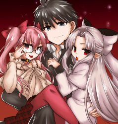 1boy 2323astronomy 2girls :p absurdres black_hair choker coat commentary_request commission dead_apostle_noel_(tsukihime) glasses grey_hair highres long_hair looking_at_viewer melty_blood multiple_girls nanaya_shiki noel_(tsukihime) pantyhose pink_hair pointy_ears red_pantyhose sitting skeb_commission skirt smile tongue tongue_out tsukihime white_len_(tsukihime)