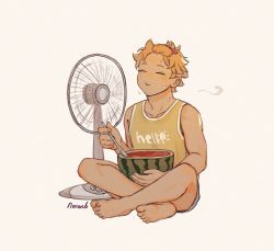 1boy adam&#039;s_apple artist_name bangs_pinned_back barefoot collarbone curly_hair eating english_text closed_eyes fan feet food fruit grey_shorts haikyuu!! hair_ornament hairclip hinata_shouyou noranb orange_hair pale_skin short_hair shorts simple_background sleeveless spoon sun sweat tank_top toenails twitter_username watermark watermelon white_background yellow_tank_top