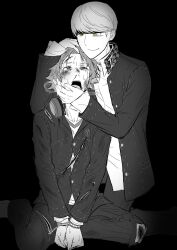 Rule 34 | 2boys, greyscale, hanamura yousuke, hand on another&#039;s chin, hand on another&#039;s head, headphones, headphones around neck, highres, looking at another, monochrome, multiple boys, narukami yu, persona, persona 4, school uniform, shadow (persona), ssesse 1999, tears, yaoi, yasogami school uniform