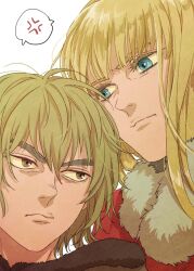 2boys annoyed blonde_hair blue_eyes blunt_bangs brown_hair canute cape fur_trim long_hair male_focus mo_cha_ri multiple_boys red_cape short_hair straight_hair thorfinn vinland_saga