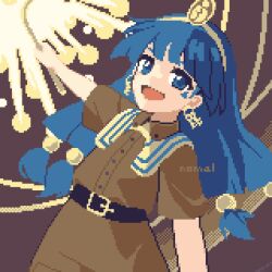 1girl arm_up belt blue_eyes blue_hair brown_background brown_collar brown_shirt brown_shorts chest_guard collar earrings eyebrows_hidden_by_hair facial_mark fossilized_wonders futsu_nomal gold gold_buckle headpiece holding jewelry key_earrings long_hair looking_at_viewer low-tied_long_hair michigami_nareko no_nose open_mouth pixel_art quad_tails shirt short_sleeves shorts solo touhou triangle triangle_facial_mark watermark