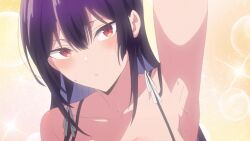 1girl animated anime_screenshot arm_up armpits black_bra black_panties bra breasts cleavage collarbone colored_inner_hair gradient_hair groin hair_ribbon haite_kudasai_takamine-san hand_on_own_chest highres large_breasts long_hair looking_at_viewer multicolored_hair navel panties purple_hair red_eyes ribbon side-tie_panties sidelocks sound stomach sweat tagme takamine_takane thighs two-tone_hair underwear video white_ribbon