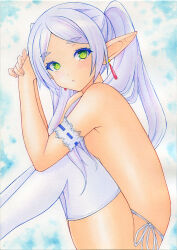Rule 34 | 1girl, armband, bikini, bikini bottom only, earrings, elf, female focus, frieren, from side, jewelry, knees to chest, looking at viewer, medium hair, nightmare77zx, own hands together, painting (medium), parted lips, petite, pointy ears, side-tie bikini bottom, sitting, solo, sousou no frieren, swimsuit, thick eyebrows, thighhighs, topless female, traditional media, twintails, watercolor (medium), white bikini, white hair, white thighhighs