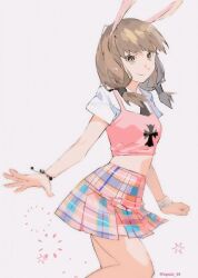 1girl blue_skirt brown_eyes brown_hair closed_mouth female_focus kemonomimi_mode long_hair pink_shirt pink_skirt plaid_clothes plaid_skirt rabbit rabbit_ears shirt simple_background skirt smile solo tower_of_god twintails white_background white_shirt xia_xia_(tower_of_god)