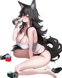 1girl absurdres animal_ears asahi_breweries bare_arms bare_shoulders barefoot beer_can between_legs black_hair black_panties blush breasts camisole can cleavage commission covered_erect_nipples drink_can fox_ears grin hand_between_legs hand_up highres juice_box large_breasts long_hair looking_at_viewer no_pants nose_blush original panties shirt sitting sleeveless sleeveless_shirt smile solo spaghetti_strap strap_gap thighs underwear very_long_hair wariza white_background white_shirt yan.c yellow_eyes