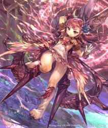 1girl armlet atropos_(lord_of_vermilion) boots breasts closed_mouth copyright_notice dress full_body gloves jewelry knee_boots long_hair looking_ahead lord_of_vermilion magic no_nose official_art red_hair so-taro solo underboob white_boots white_dress white_gloves