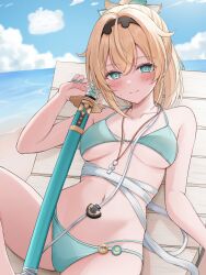 1girl 7nopi absurdres alternate_costume aqua_bikini aqua_eyes aqua_nails badge bare_shoulders beach bikini black_hairband blonde_hair blush breasts breasts_apart chair closed_mouth collarbone double-parted_bangs fingernails hair_ornament hairband halterneck hand_up hashtag-only_commentary high_ponytail highres hololive katana kazama_iroha leaf_hair_ornament looking_at_viewer lounge_chair medium_breasts medium_hair multi-strapped_bikini_bottom navel outdoors pokobee ponytail reclining sarashi scabbard sheath sheathed solo stomach sweatdrop swimsuit sword virtual_youtuber weapon whistle whistle_around_neck