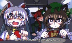 3girls animal_ear_fluff animal_ears bell brown_hair car_interior cat cat_ears cat_girl chen dress drive_(movie) english_text fang goutokuji_mike green_dress green_hat hair_between_eyes hat highres kaenbyou_rin lyrics multiple_girls neck_bell red_eyes red_hair sleepymoon steering_wheel subtitled touhou white_hair yellow_eyes