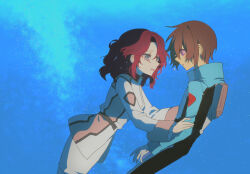 Rule 34 | 1boy, 1girl, belt, black belt, blue eyes, brown hair, crying, crying with eyes open, flay allster, floating, from side, gundam, gundam seed, hair behind ear, hands on another&#039;s arms, highres, jacket, kira yamato, mecha pilot suit, medium hair, normal suit (gundam), pants, purple eyes, red hair, seed0x0, short hair, space, tears, white jacket, white pants