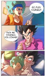 1boy 1girl 3koma absurdres afro aftersex aqua_eyes aqua_hair artist_name bed black_eyes black_hair blanket blue_headband blush breasts bulma cleavage comic commentary dragon_ball dragonball_z english_text fuck_me_yourself_you_coward_(meme) furrowed_brow headband highres implied_after_sex insult large_pectorals lipstick_mark lipstick_mark_on_face medium_breasts meme open_mouth pectorals pink_shirt pointing pointing_at_another pointing_at_self profanity sarulart shirt sleeping smile speech_bubble spoken_expression vegeta