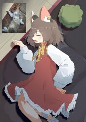 1girl animal_ear_fluff animal_ear_piercing animal_ears bow bowtie brown_hair carpet cat cat_ears chen closed_eyes commentary dress edamanecha feet_out_of_frame frilled_dress frills green_hat hat highres indoors lying meme mob_cap on_floor on_side open_mouth photo-referenced red_dress reference_inset short_hair sleeping solo symbol-only_commentary touhou unworn_headwear yellow_bow yellow_bowtie